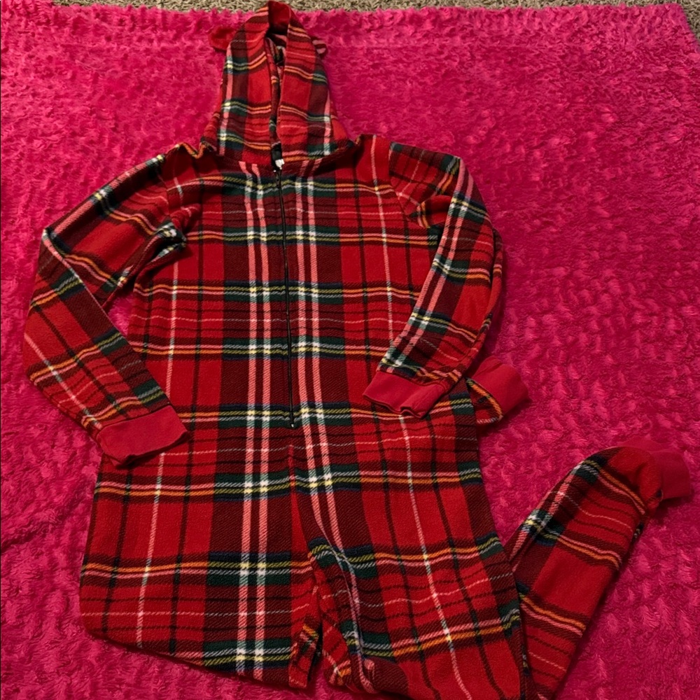 Angelina Red and Green Plaid Sleepwear Christmas Onesie with Ears